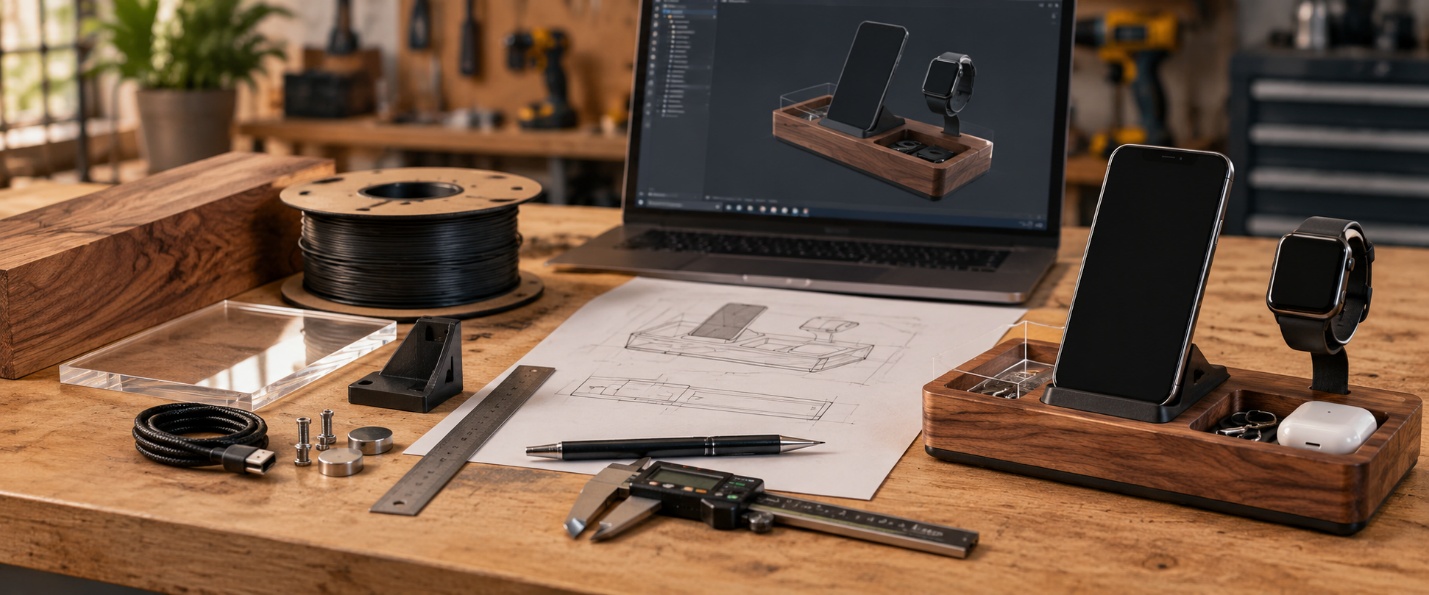 A finished desk organizer, material, drawings, and a product design on a maker's workbench